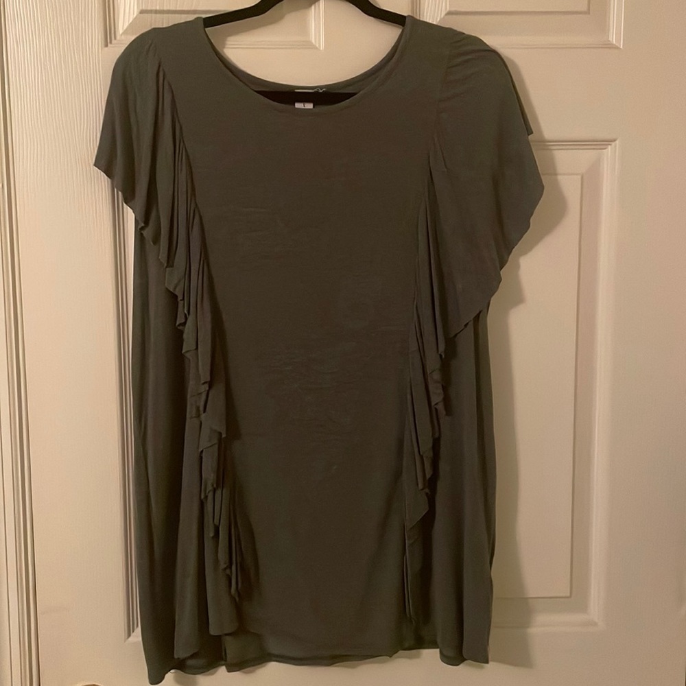 MTS dark grey top with ruffle detail on front and back. Size large.